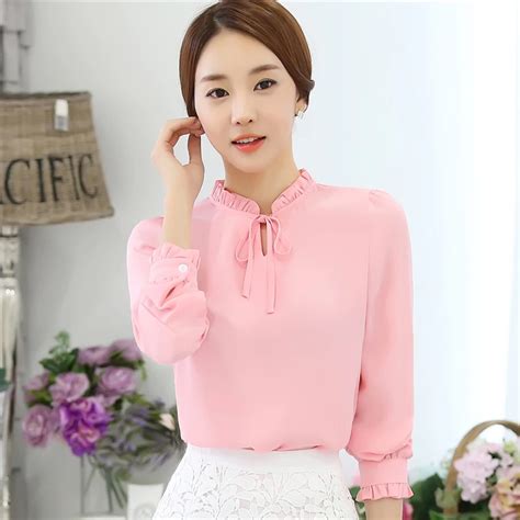 new 2016 fashion korean style women blouses long sleeve bow tie solid shirts lady chiffon shirts