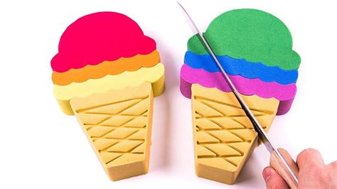 Learn Colors Kinetic Sand Rainbow Ice Cream Cones Scoop Cake Cutting