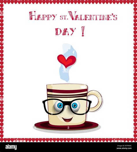 Happy St Valentines Day Greeting Card With Cute Cartoon Coffee Mug