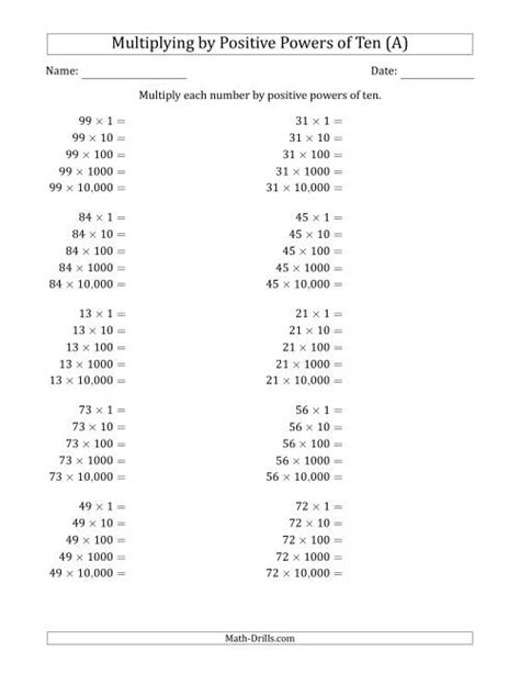 Two Digit Multiplied By Positive Powers Of Ten A Powers Of Ten Worksheet