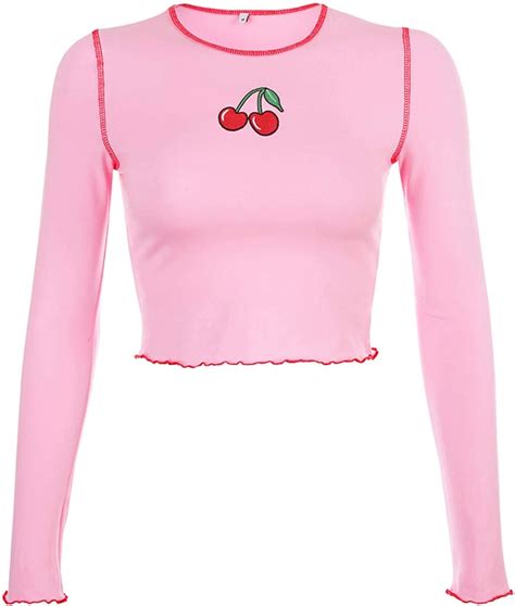 Y2k Fashion Cherry Long Sleeve T Shirt Pink Cute Casual Cotton Women S T Shirt Top Long Sleeve