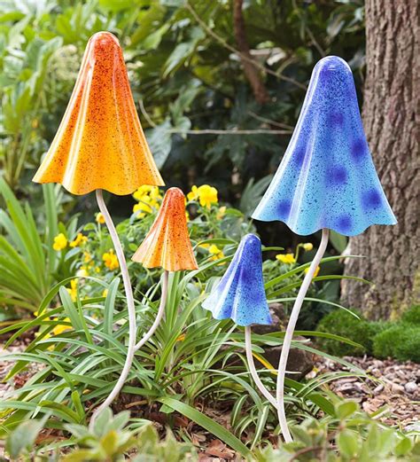 Mushroom Double Stalks Metal Garden Stakes Set Of Wind And Weather