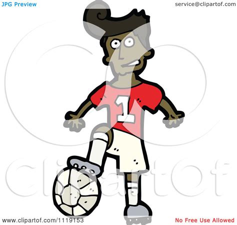 Vector Cartoon Of A Black Soccer Player Man Resting His Foot On A Ball