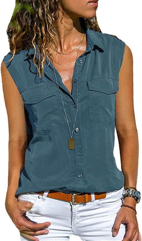 Soluo Women S Sleeveless Button Down Shirt Casual Lapel V Neck Pocket Blouse Tops Summer Tank