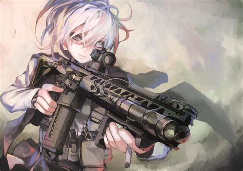 Lvoa C Short Hair White Hair Weapon Gun Ar 15 Anime Girls Anime