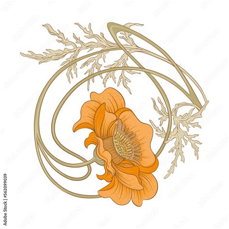 Decorative Flowers And Leaves In Art Nouveau Style Vintage Old Retro