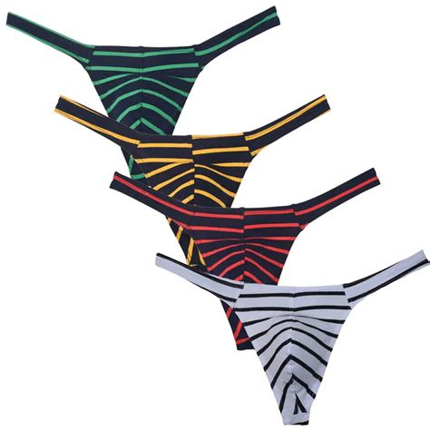 Mens 4 Pack Cotton Thong Underwear Sexy Low Rise T Back Striped