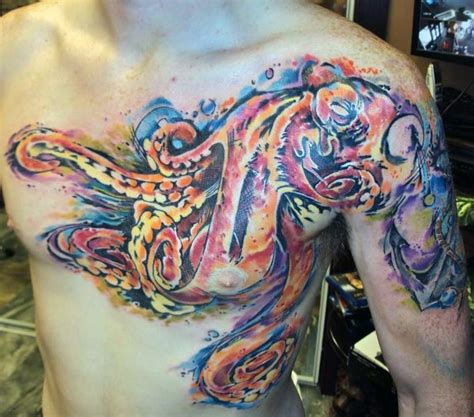 Beautiful Multicolored Octopus Tattoo On Shoulder And Chest Tattooimages