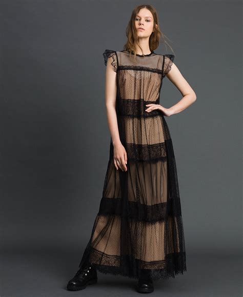 Long Dress With Tulle Lace And Plumetis Patch