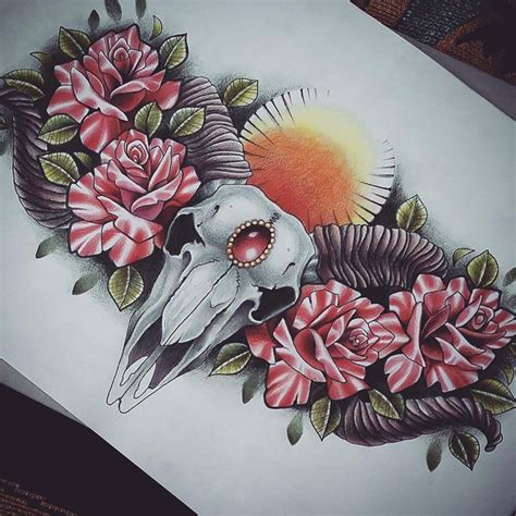 Ram Skull And Roses Chest Piece Tattoo Design By Kirstynoelledavies On