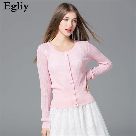 Egliy Designer Pink Womens Cardigan Knitted Sweater Grace O Neck Thin