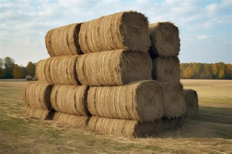 Premium Ai Image A Stack Of Freshly Baled Hay On A Farm
