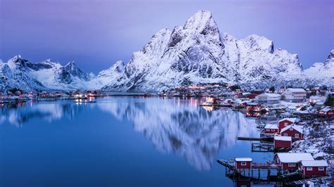 Images Norway Reine Winter Mountain Lake Snow Evening