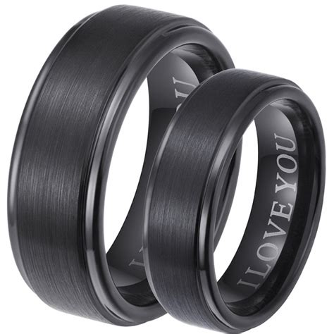 His Hers Matching Black Tungsten Engagement Rings Wedding Bands Set