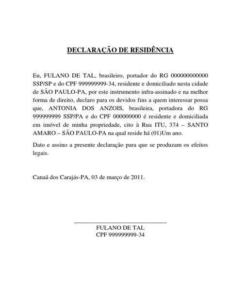 Declaração De Residencia Para Terceiros Modelo Vários Modelos