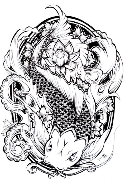 Moon and fish design is a deadly combo in a tattoo. Traditional black-and-white koi fish swimming in dark ...