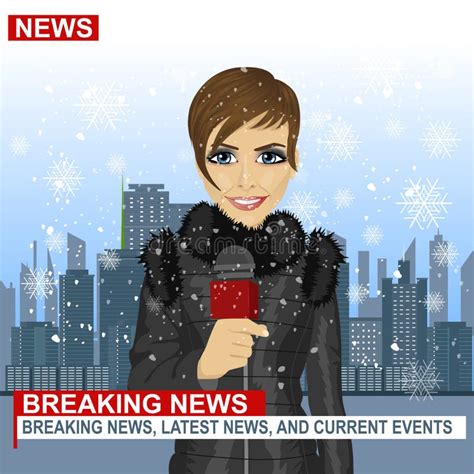 Female Journalist Working In Winter In Front Of City With Skyscrapers