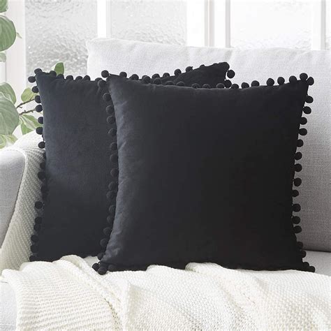 Topfinel Solid Decorative Throw Pillow Covers With Pom Poms Square Soft Velvet Cushion Covers 24