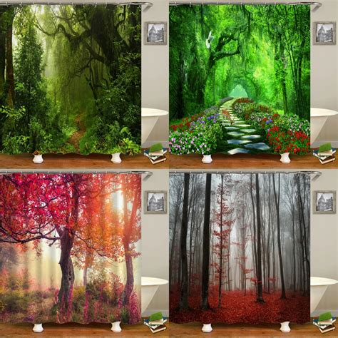 Forest Landscape Bathroom Curtain 3d Natural Scenery Waterfall Printing