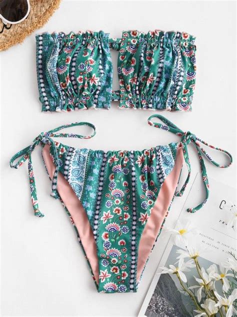 [35 Off] 2021 Zaful Reversible Bohemian Flower Cutout Bandeau Bikini Swimwear In Green Zaful