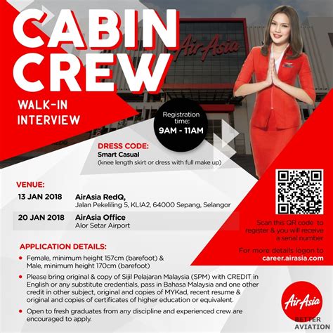 Air asia are looking for dynamic, positive and highly motivated individuals who share their passion for the ultimate excellence in service and help contribute to our growth. AirAsia Cabin Crew Walk-in Interview (January 2018 ...