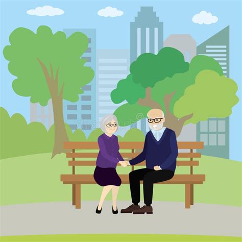 Old Couple Of People Sitting On A Bench In The Park Stock Vector