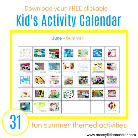 Summer Activity Calendar For Kids 31 Fun Summer Themed Ideas Messy