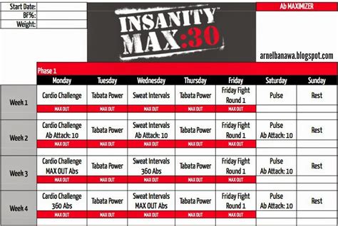 Arnel Banawa Insanity Max 30 Workout Sheets Max 30 Workout Calendar