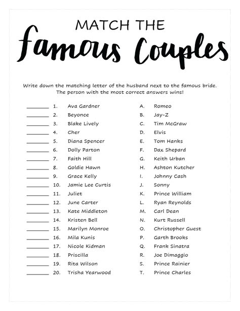 Match The Famous Couples Bridal Shower Game Printable Etsy