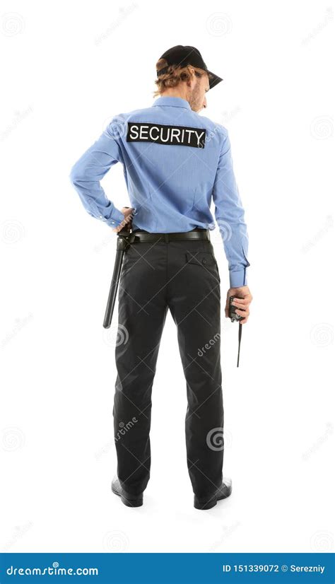 Male Security Guard On White Background Back View Stock Photo Image