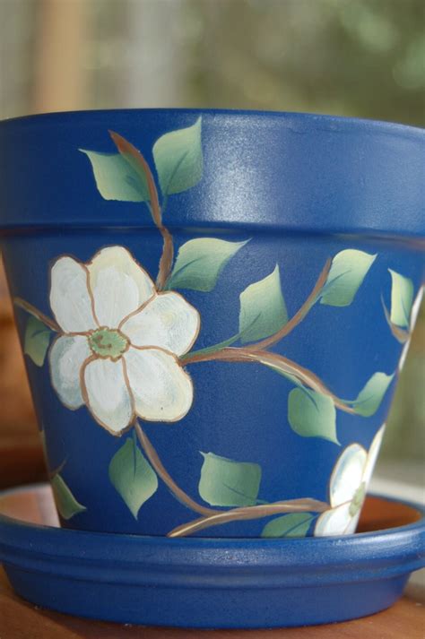 Hand Painted Clay Flower Pot Gentle White Dogwood By Mountblossom