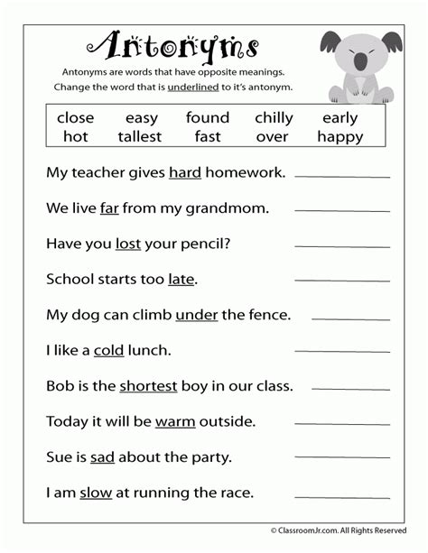 6th Grade Antonym Printable Worksheet