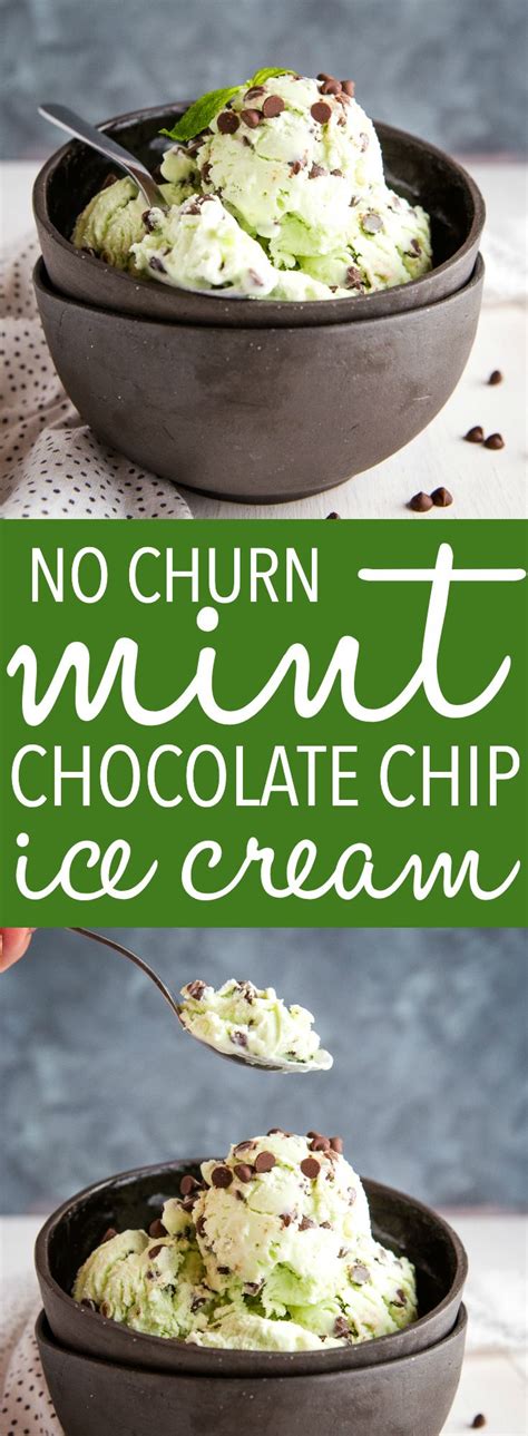 No Churn Mint Chocolate Chip Ice Cream In A Black Bowl With A Green