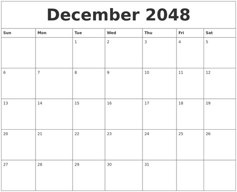 December 2048 Blank Printable Calendars