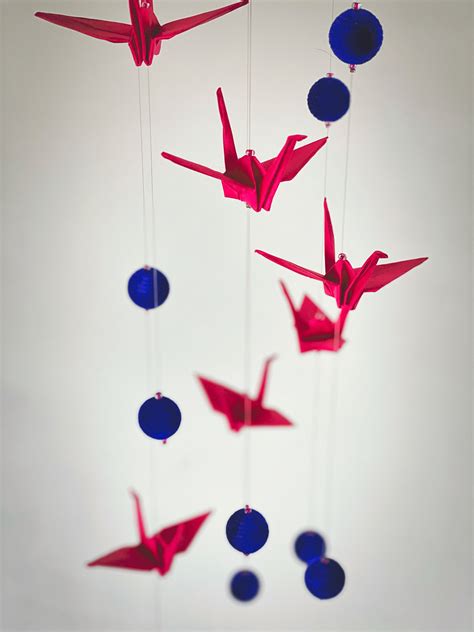 Origami Mobile Pink Paper Cranes With Velvet Navy Blue Beads Etsy