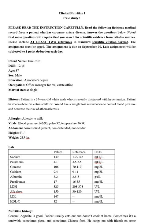 Clinical Nutrition I Case Study PLEASE READ THE Chegg Com