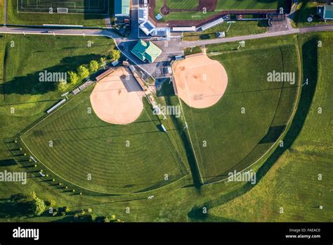 Aerial view of adjoining baseball diamonds Stock Photo - Alamy