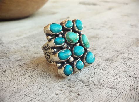 Vintage Large Navajo Cluster Turquoise Ring For Women Size Native