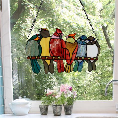River Of Goods Multi Colored Birds In Love Stained Glass Window Panel