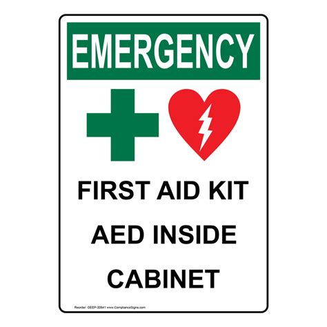Osha First Aid Kit Aed Inside Cabinet Sign With Symbol Oee 30841