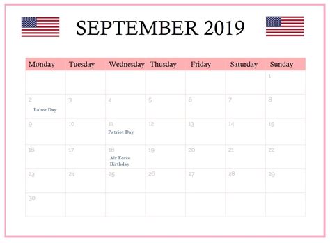 September 2019 Calendar United States How To Memorize Things