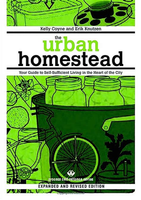 The Urban Homestead • Green Living Journal by Kelly Coyne and Erik Knutzen. Book image features mason jars, a canning pot, a bicycle, compost bin and flowers - many attributes of simple living