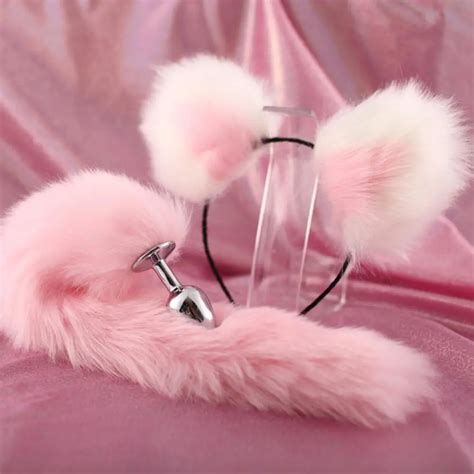 40cm Cute Soft Cat Ears Headbands Fox Tail Metal Butt Anal Plug Erotic Cosplay Lingerie