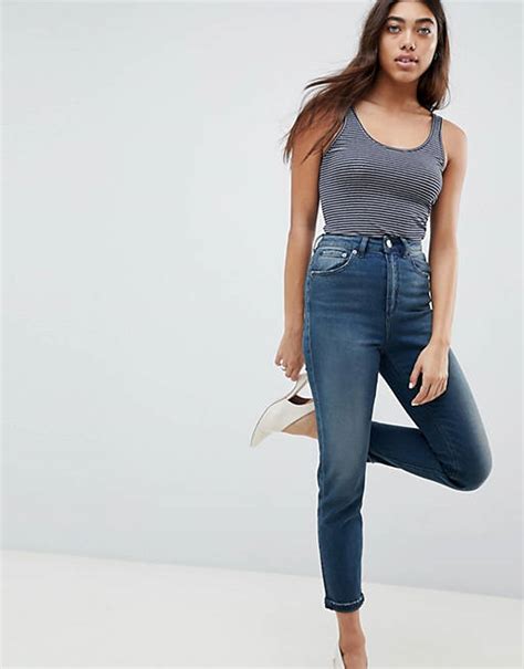 asos design farleigh high waist slim mom jeans in turya aged blue wash asos