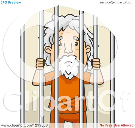 Clipart Of A Cartoon Senior White Man Behind Jail Bars Royalty Free