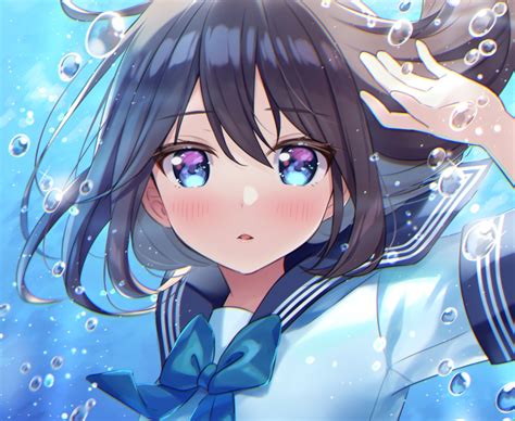 Aqua Eyes Black Hair Blush Bow Bubbles Close Cropped Long Hair Original School Uniform Sumisaki
