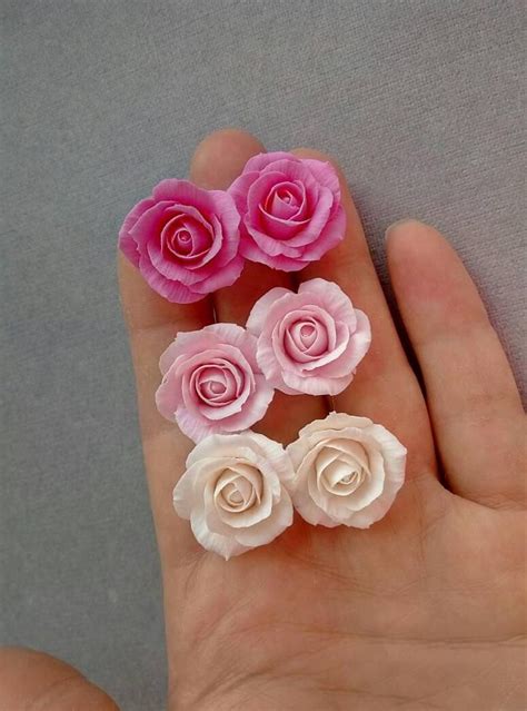 Stud Earring With Rose Polymer Clay Pink Rose Rose Earring Etsy