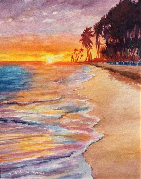 Puerto Rico Tropical Beach Original Watercolor Painting Sunset Morning