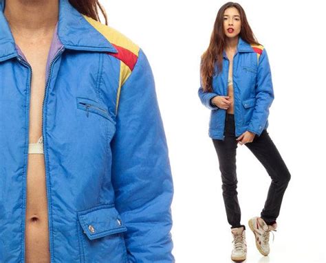 Ski Jacket Retro Puffy Jacket Striped Puffer Coat 70s Royal Blue Red Yellow 80s Hipster Indie