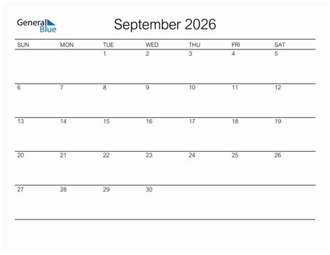 Printable September 2026 Monthly Calendar Sunday Start